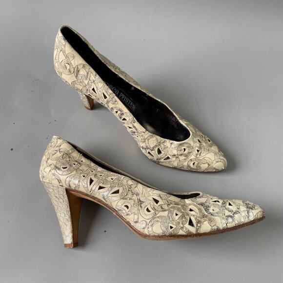 80s Andrea Pfister Lace Openwork Pumps Vintage Metallic Leather sz. 7 Snakeskin - Picture 7 of 9